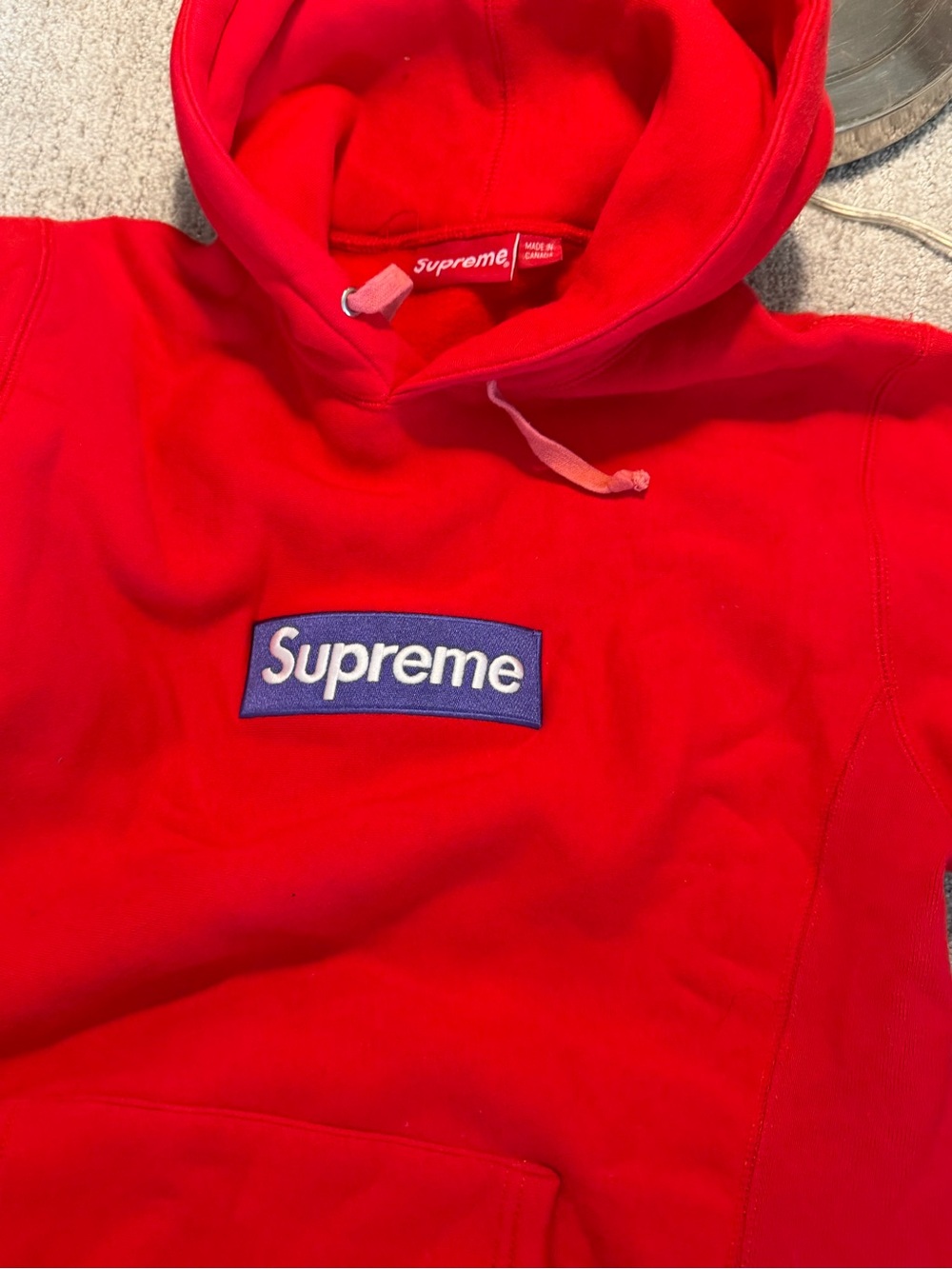 Supreme Red Crewneck Hoodie with Blue Box Logo